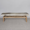 front view of a cowhide bench seat in cream and grey tones from corcovado