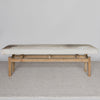 front view of a cowhide bench seat in cream and grey tones from corcovado