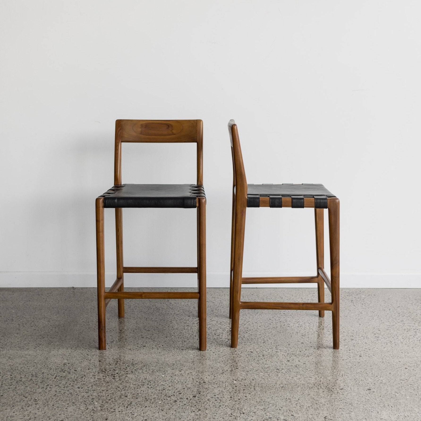 savanna bar stool with vintage brown wood and black leather seat from Corcovado 